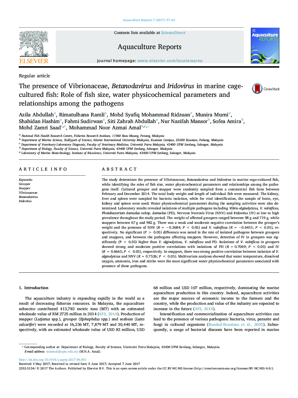 The presence of Vibrionaceae, Betanodavirus and Iridovirus in marine cage-cultured fish: Role of fish size, water physicochemical parameters and relationships among the pathogens