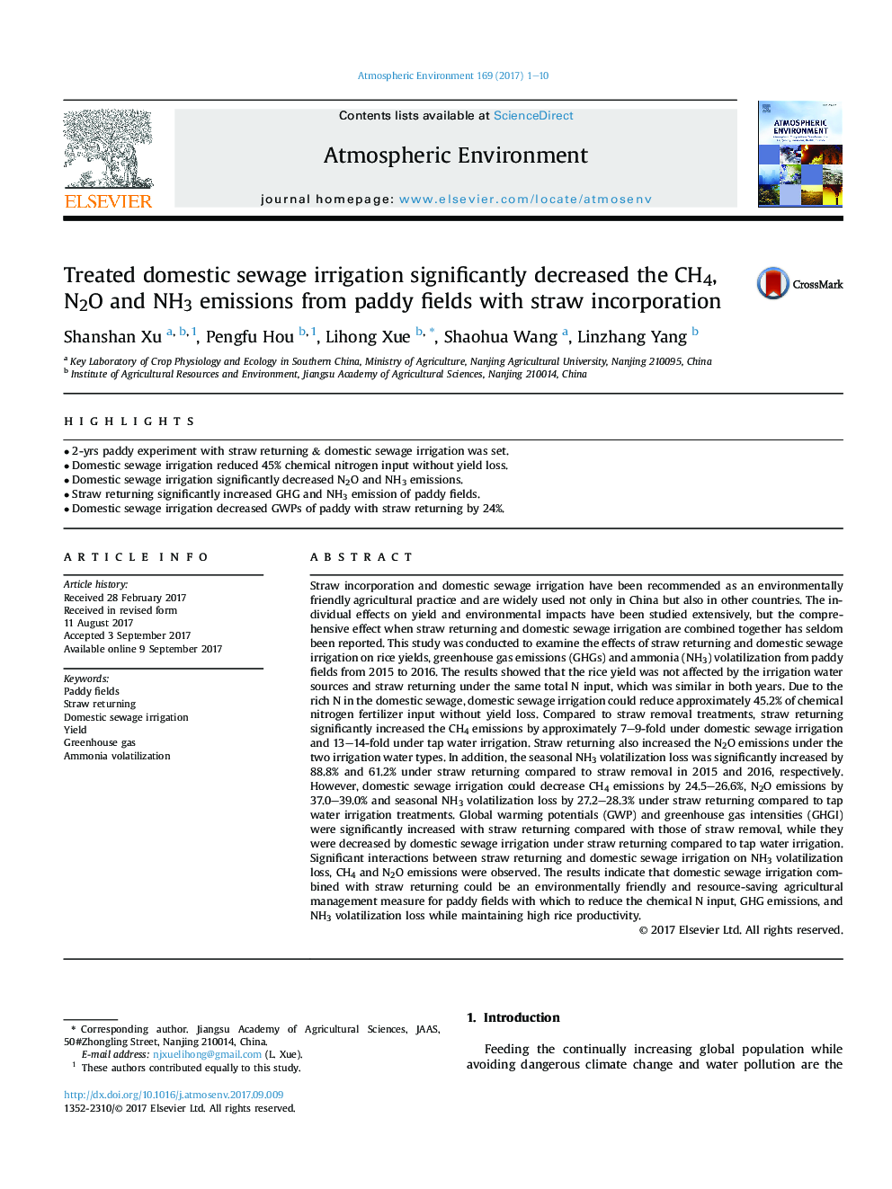 Treated domestic sewage irrigation significantly decreased the CH4, N2O and NH3 emissions from paddy fields with straw incorporation