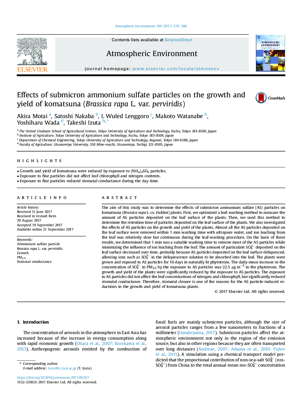 Effects of submicron ammonium sulfate particles on the growth and yield of komatsuna (Brassica rapa L. var. perviridis)