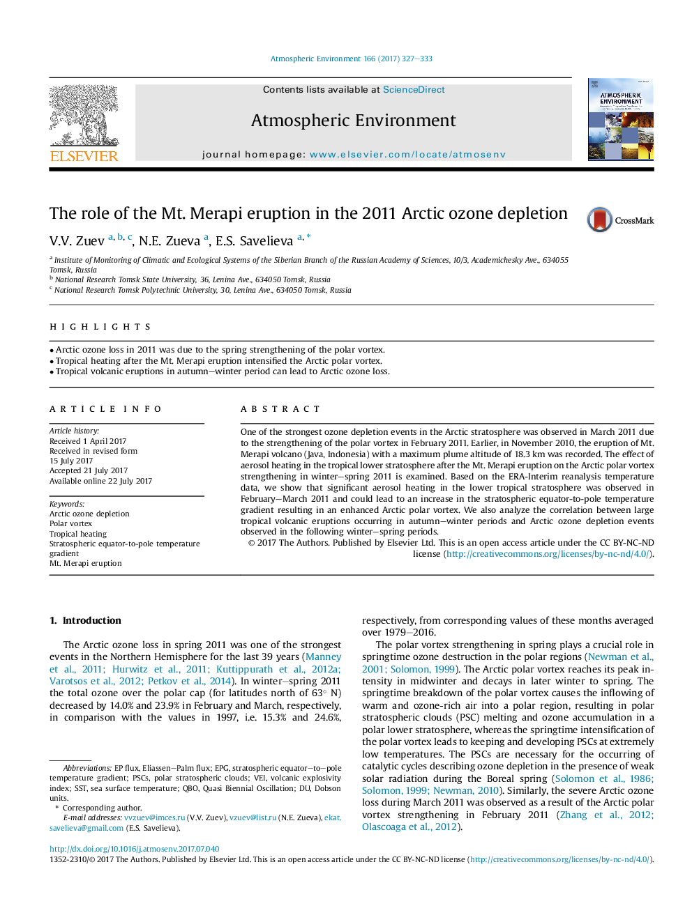 The role of the Mt. Merapi eruption in the 2011 Arctic ozone depletion