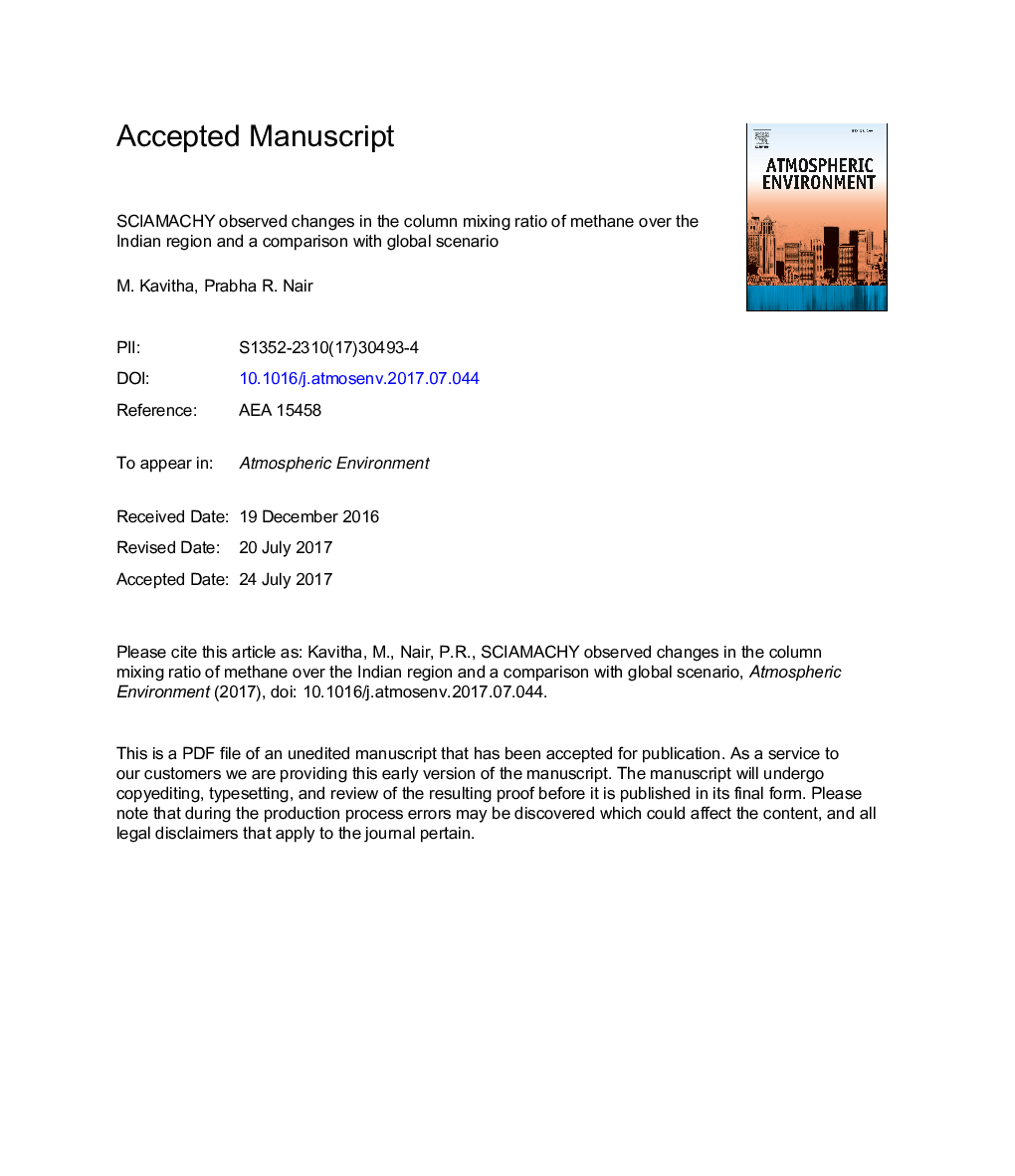 SCIAMACHY observed changes in the column mixing ratio of methane over the Indian region and a comparison with global scenario