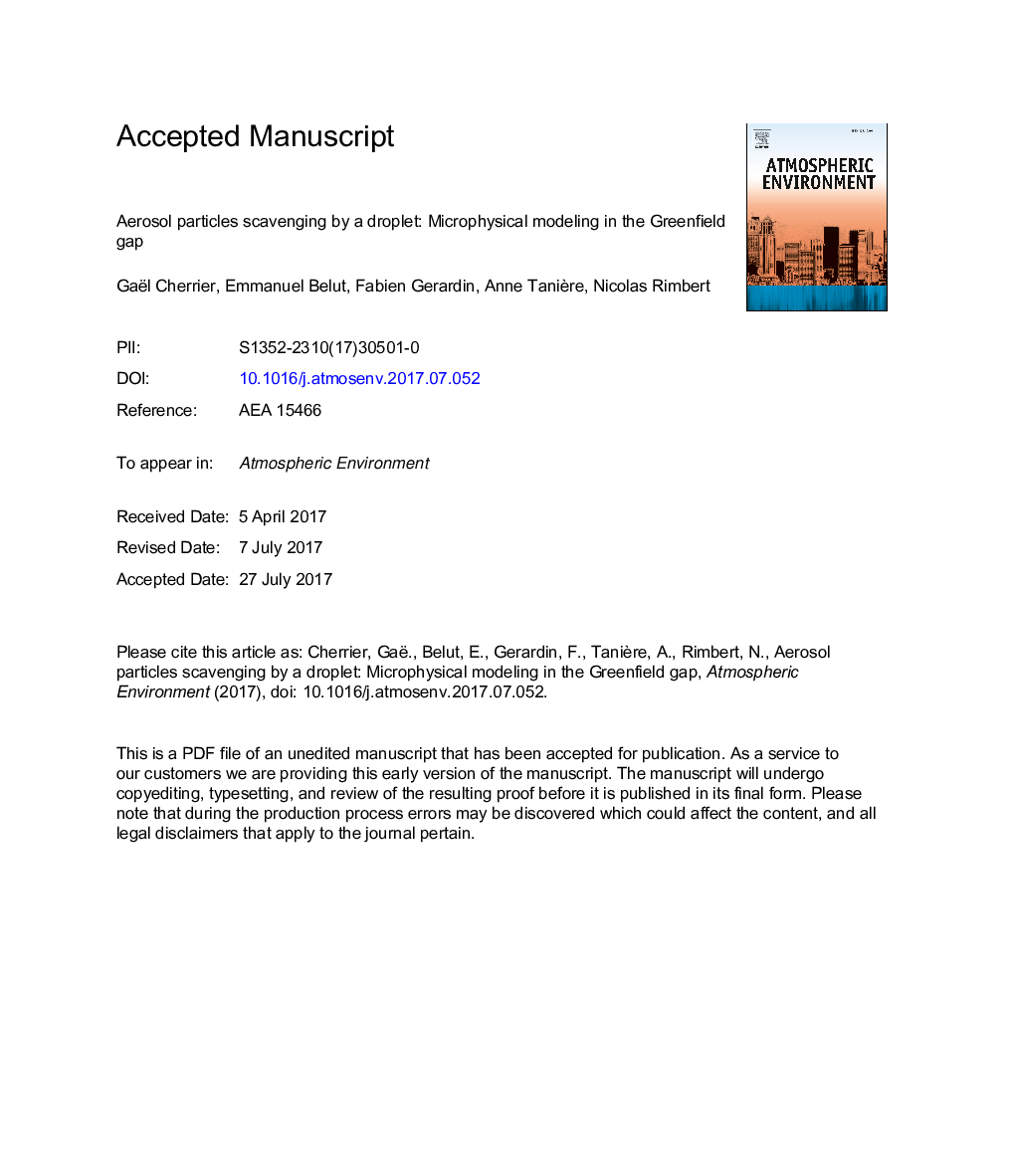 Aerosol particles scavenging by a droplet: Microphysical modeling in the Greenfield gap