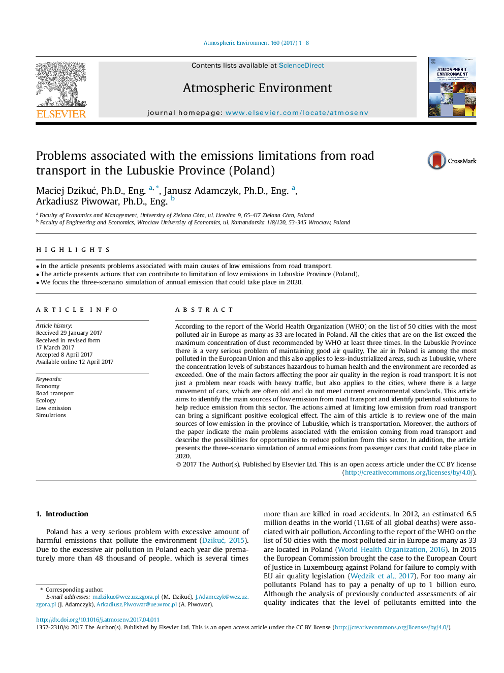 Problems associated with the emissions limitations from road transport in the Lubuskie Province (Poland)