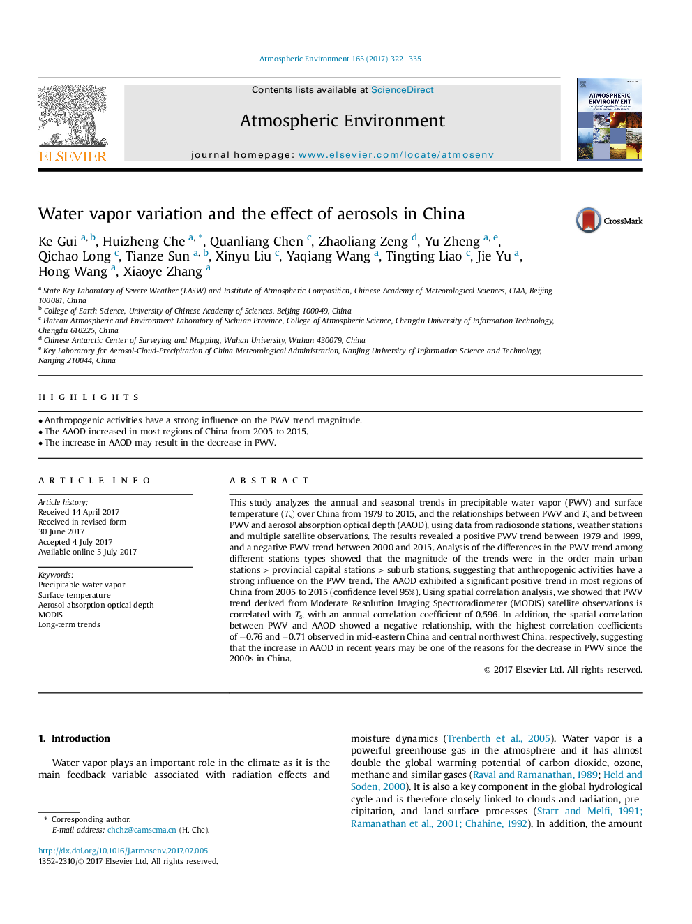 Water vapor variation and the effect of aerosols in China