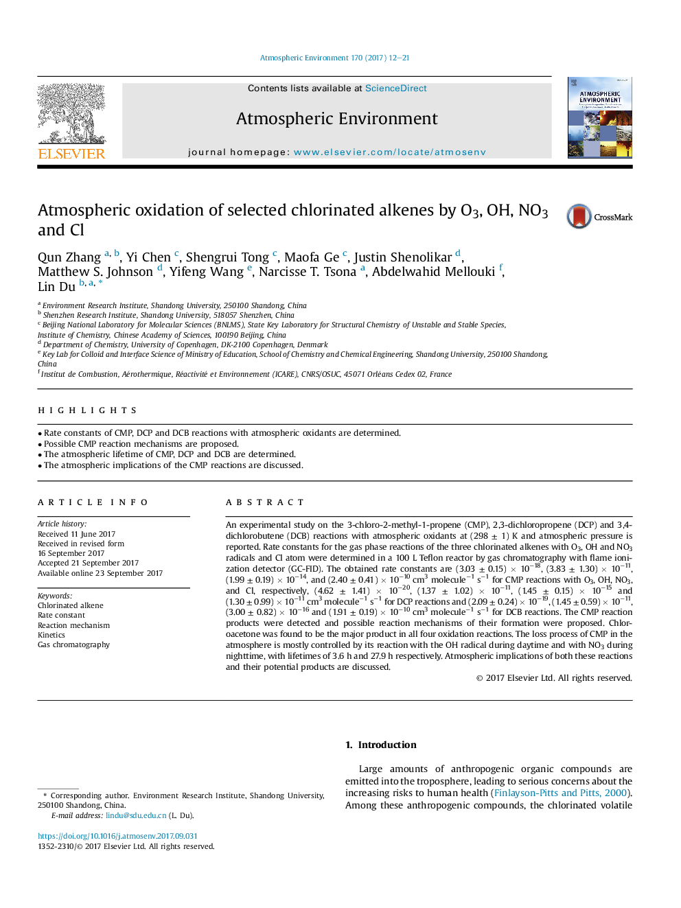 Atmospheric oxidation of selected chlorinated alkenes by O3, OH, NO3 and Cl