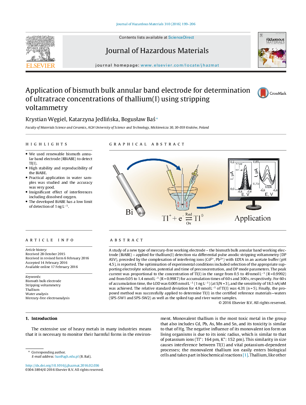 Application of bismuth bulk annular band electrode for determination of ultratrace concentrations of thallium(I) using stripping voltammetry