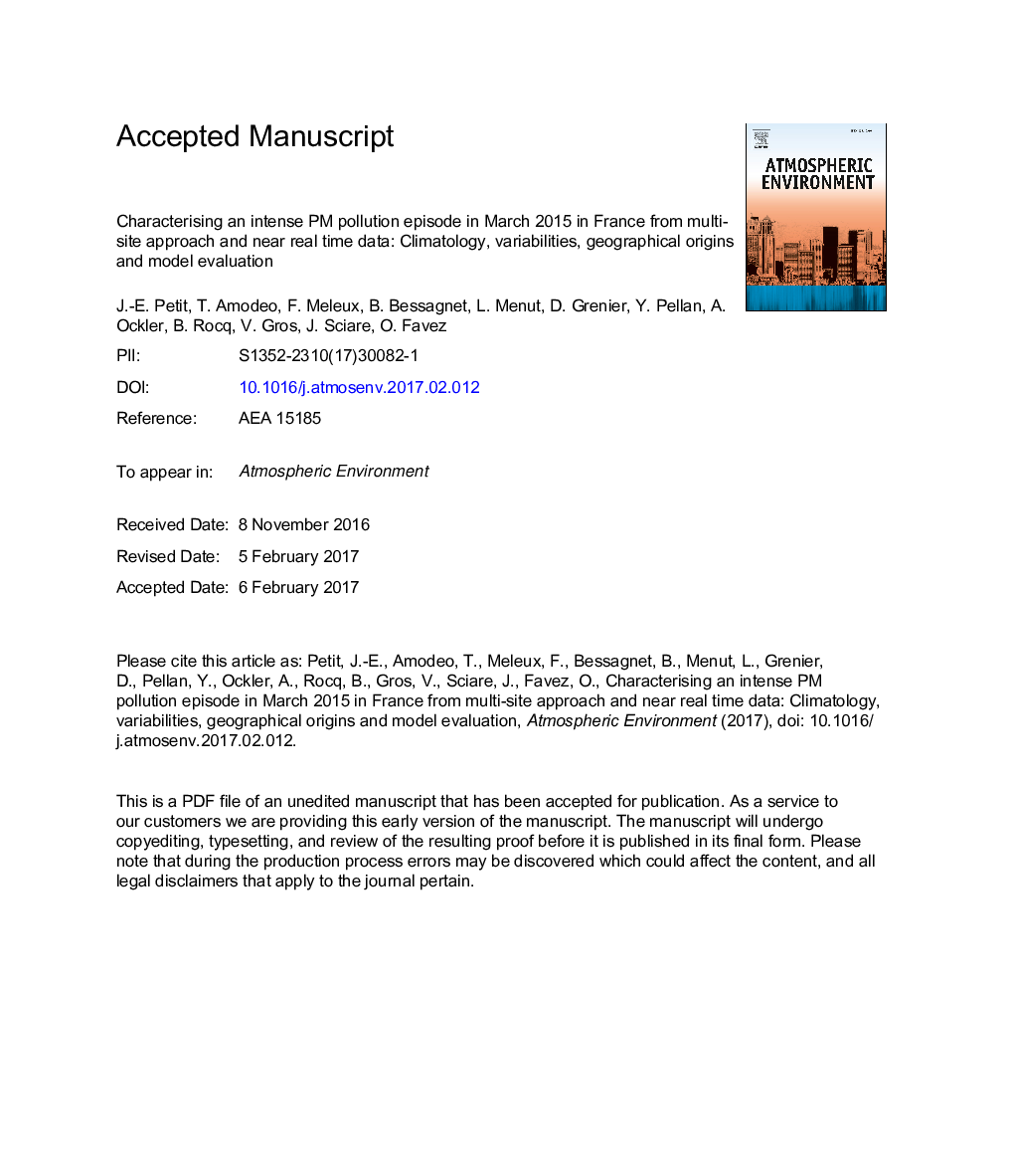 Characterising an intense PM pollution episode in March 2015 in France from multi-site approach and near real time data: Climatology, variabilities, geographical origins and model evaluation