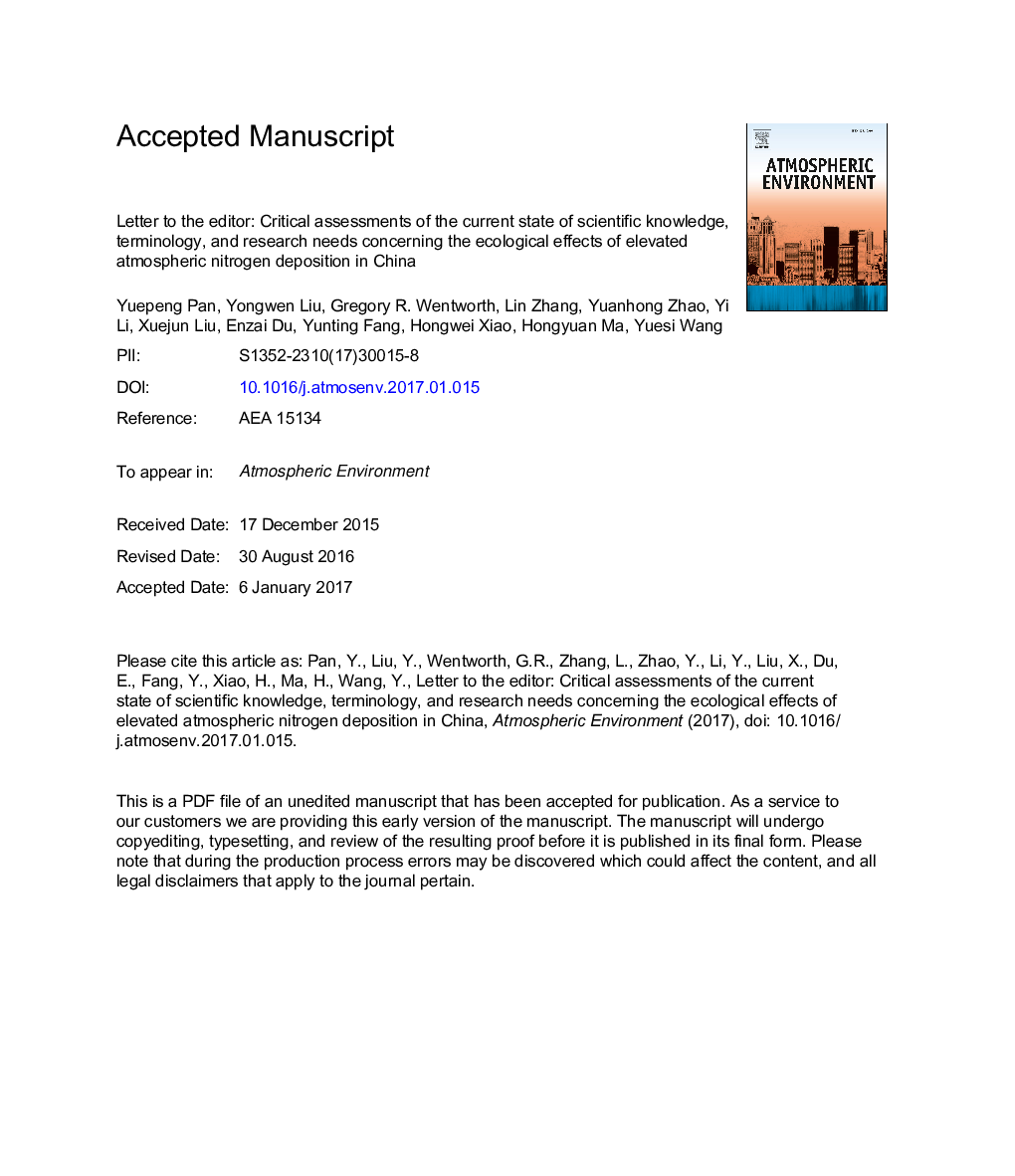 Letter to the editor: Critical assessments of the current state of scientific knowledge, terminology, and research needs concerning the ecological effects of elevated atmospheric nitrogen deposition in China