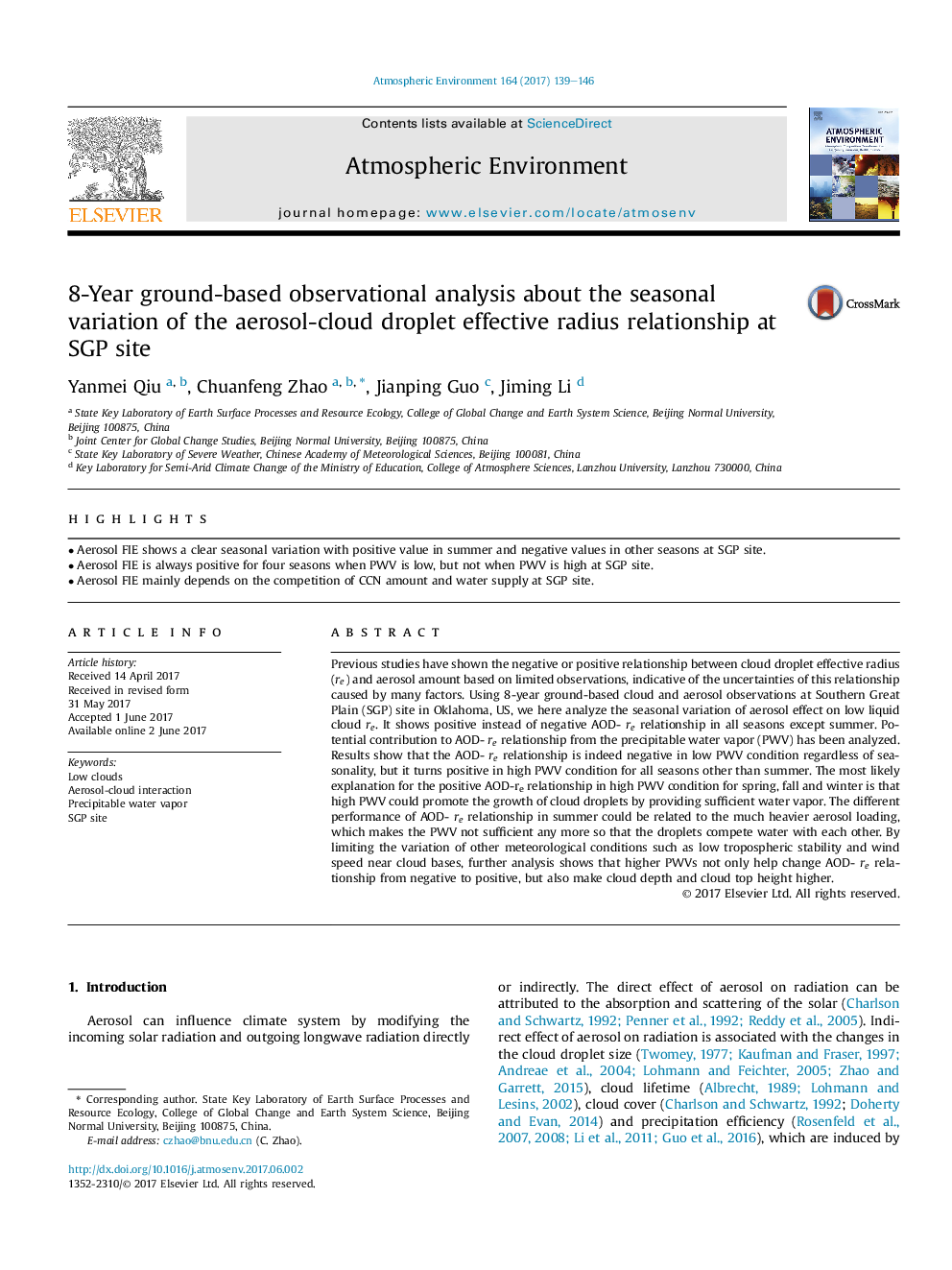 8-Year ground-based observational analysis about the seasonal variation of the aerosol-cloud droplet effective radius relationship at SGP site