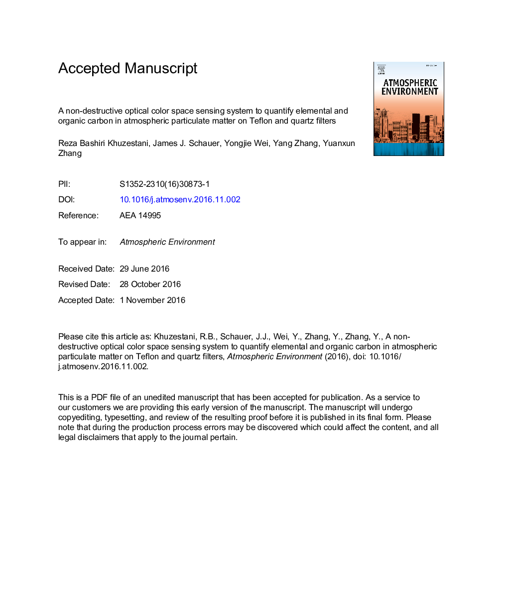 یک سیستم سنجش فضایی نوری مخرب برای اندازه گیری کربن الیه و آلی در ذرات جامد در فیلترهای تفلون و کوارتز 