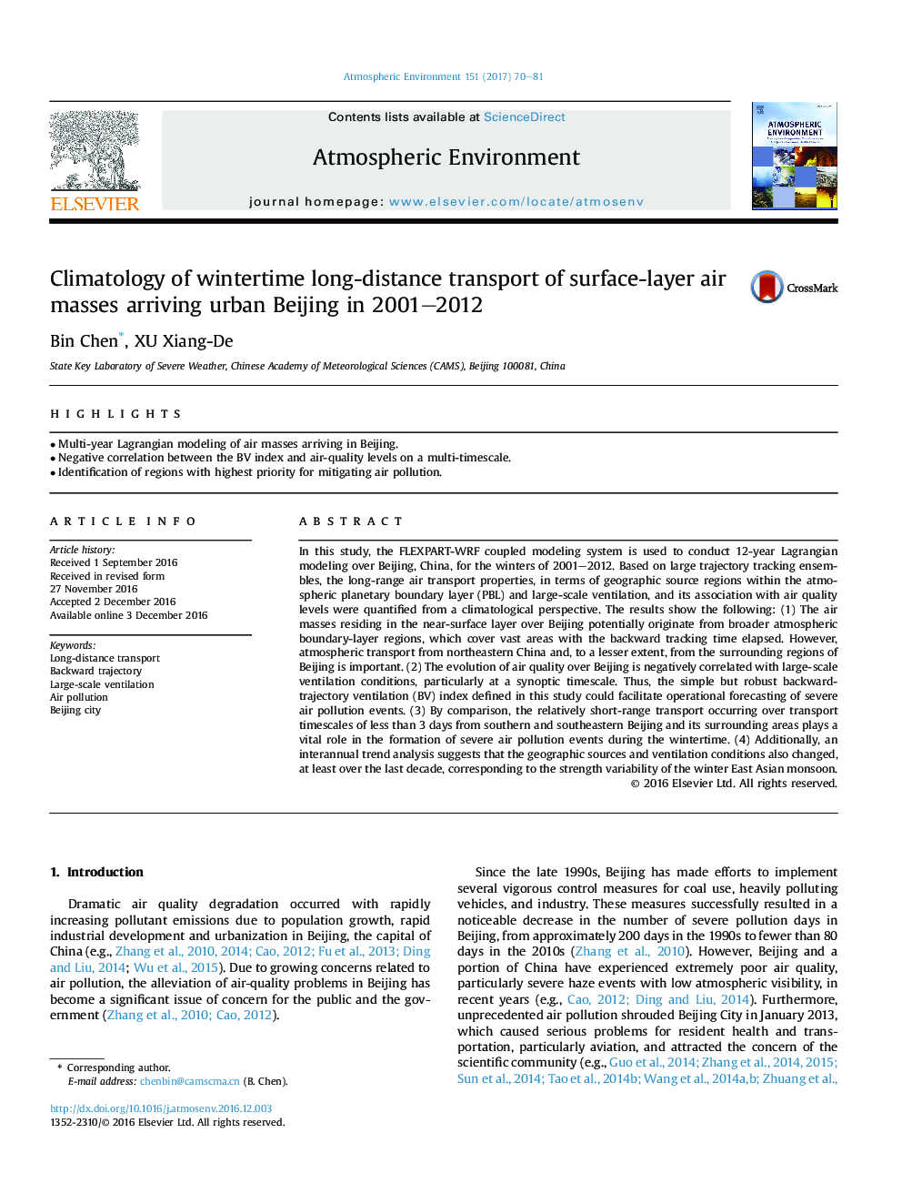 Climatology of wintertime long-distance transport of surface-layer air masses arriving urban Beijing in 2001-2012