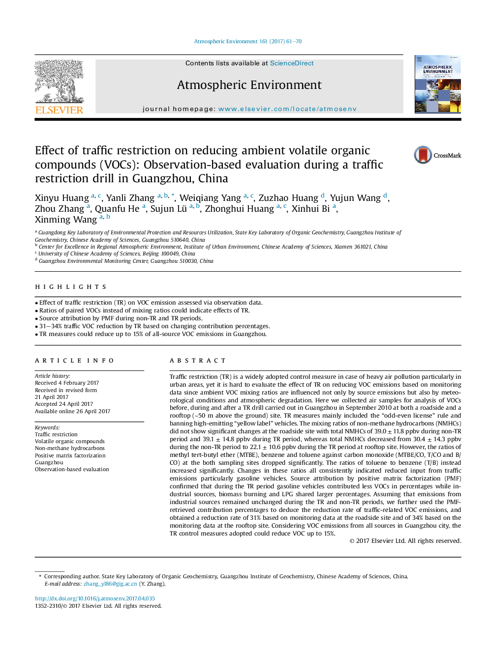 Effect of traffic restriction on reducing ambient volatile organic compounds (VOCs): Observation-based evaluation during a traffic restriction drill in Guangzhou, China