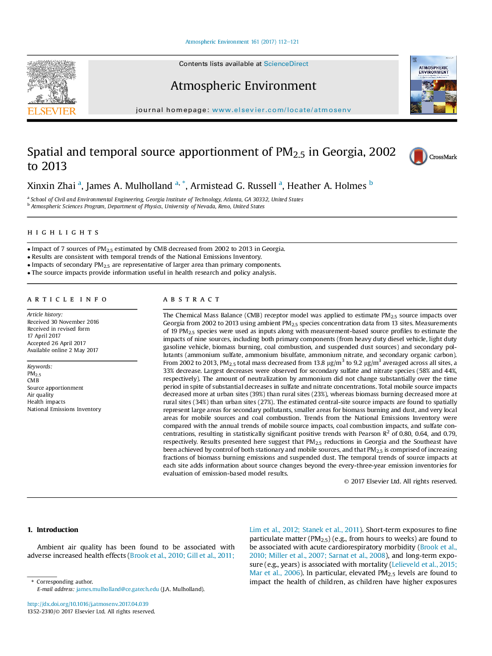 Spatial and temporal source apportionment of PM2.5 in Georgia, 2002 to 2013