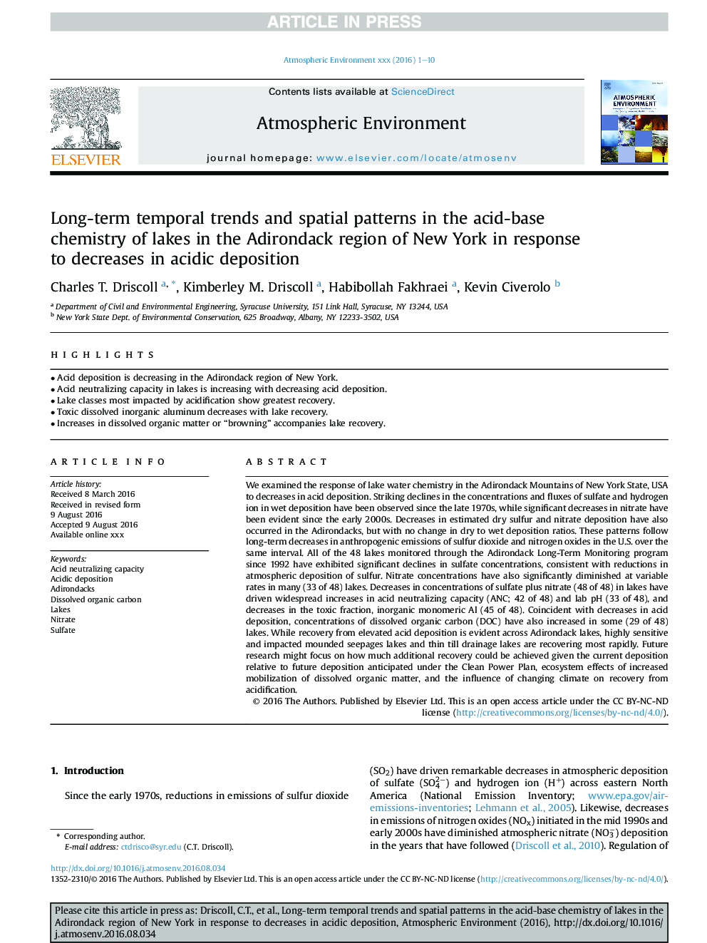 Long-term temporal trends and spatial patterns in the acid-base chemistry of lakes in the Adirondack region of New York in response to decreases in acidic deposition