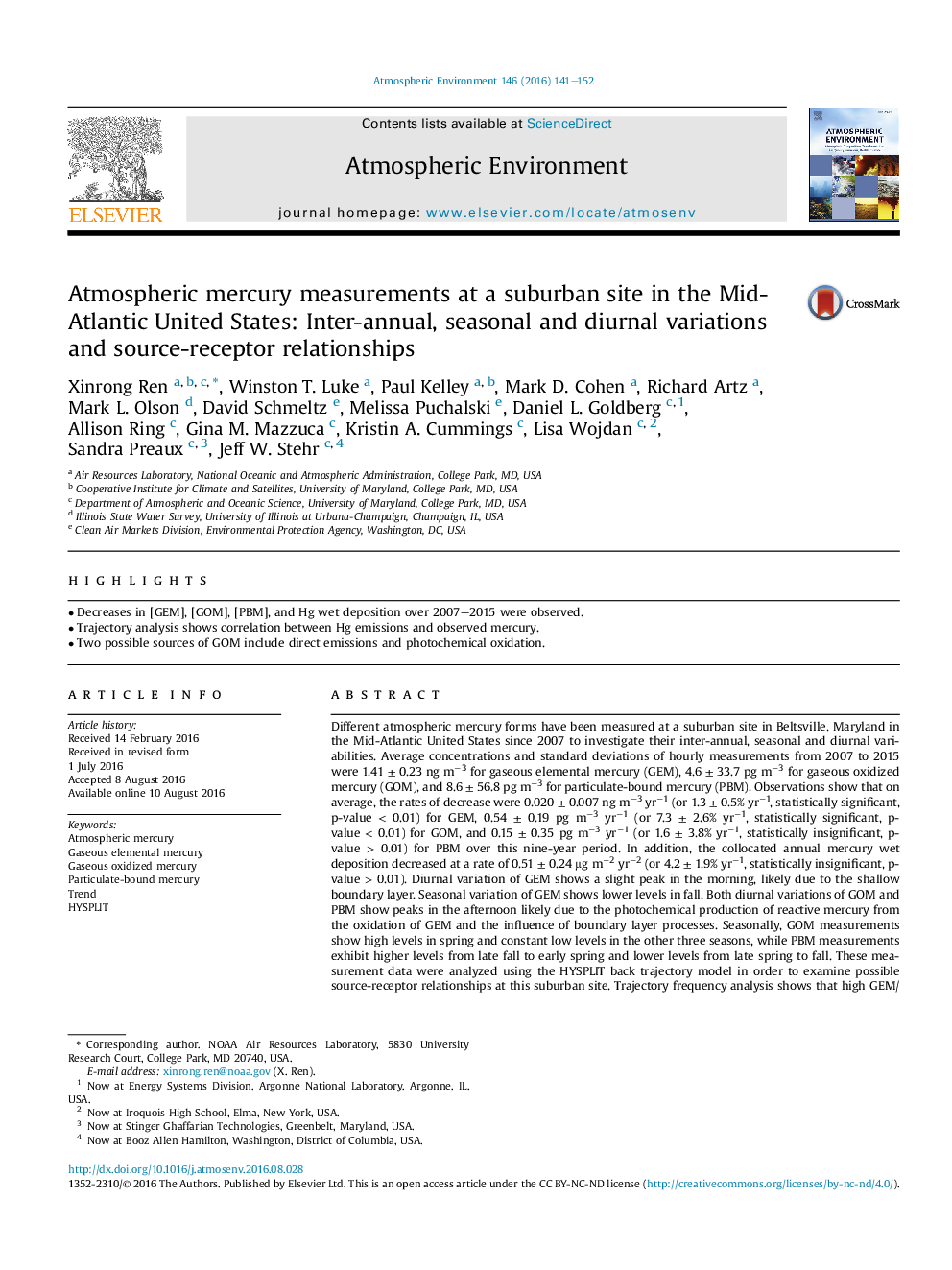 Atmospheric mercury measurements at a suburban site in the Mid-Atlantic United States: Inter-annual, seasonal and diurnal variations and source-receptor relationships