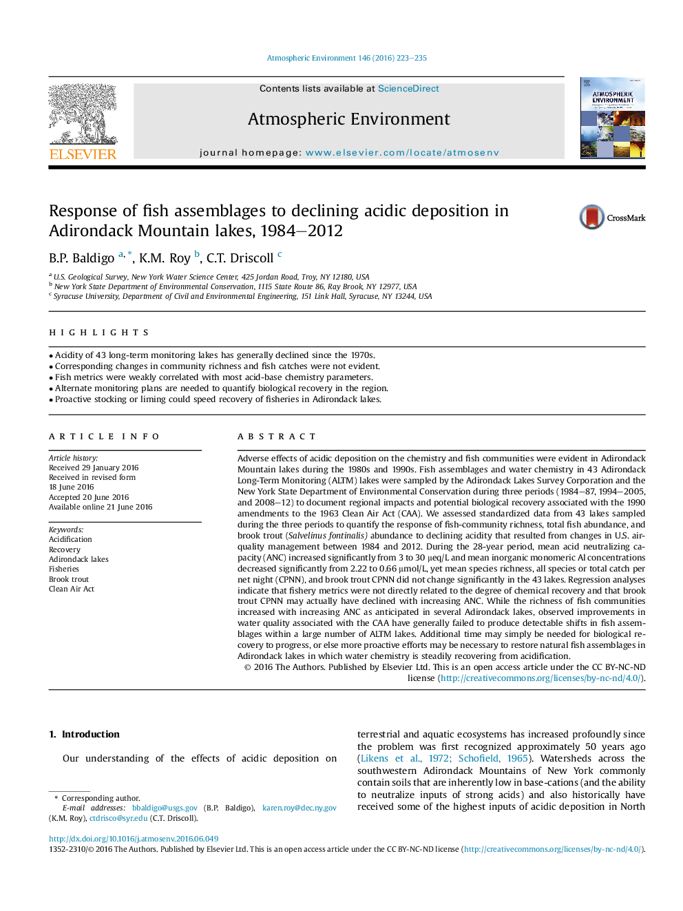 Response of fish assemblages to declining acidic deposition in Adirondack Mountain lakes, 1984-2012