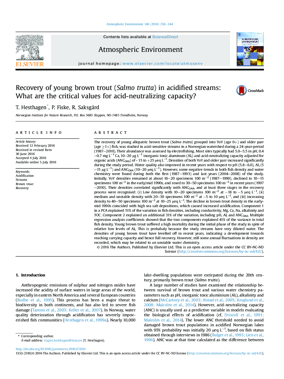 Recovery of young brown trout (Salmo trutta) in acidified streams: What are the critical values for acid-neutralizing capacity?