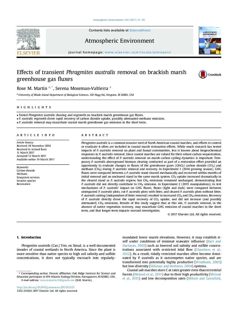 Effects of transient Phragmites australis removal on brackish marsh greenhouse gas fluxes