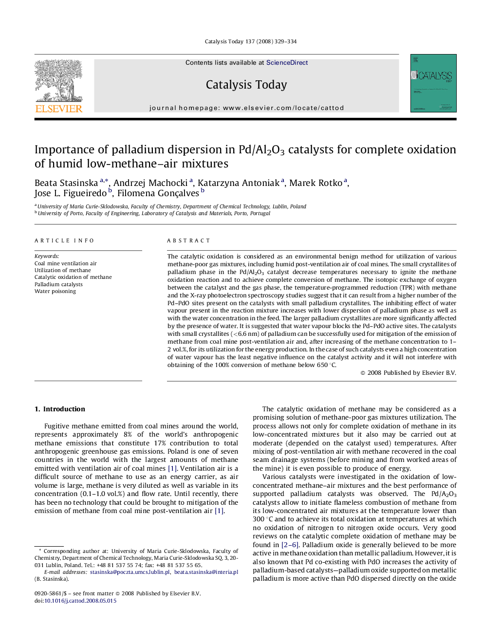 Importance of palladium dispersion in Pd/Al2O3 catalysts for complete oxidation of humid low-methane–air mixtures