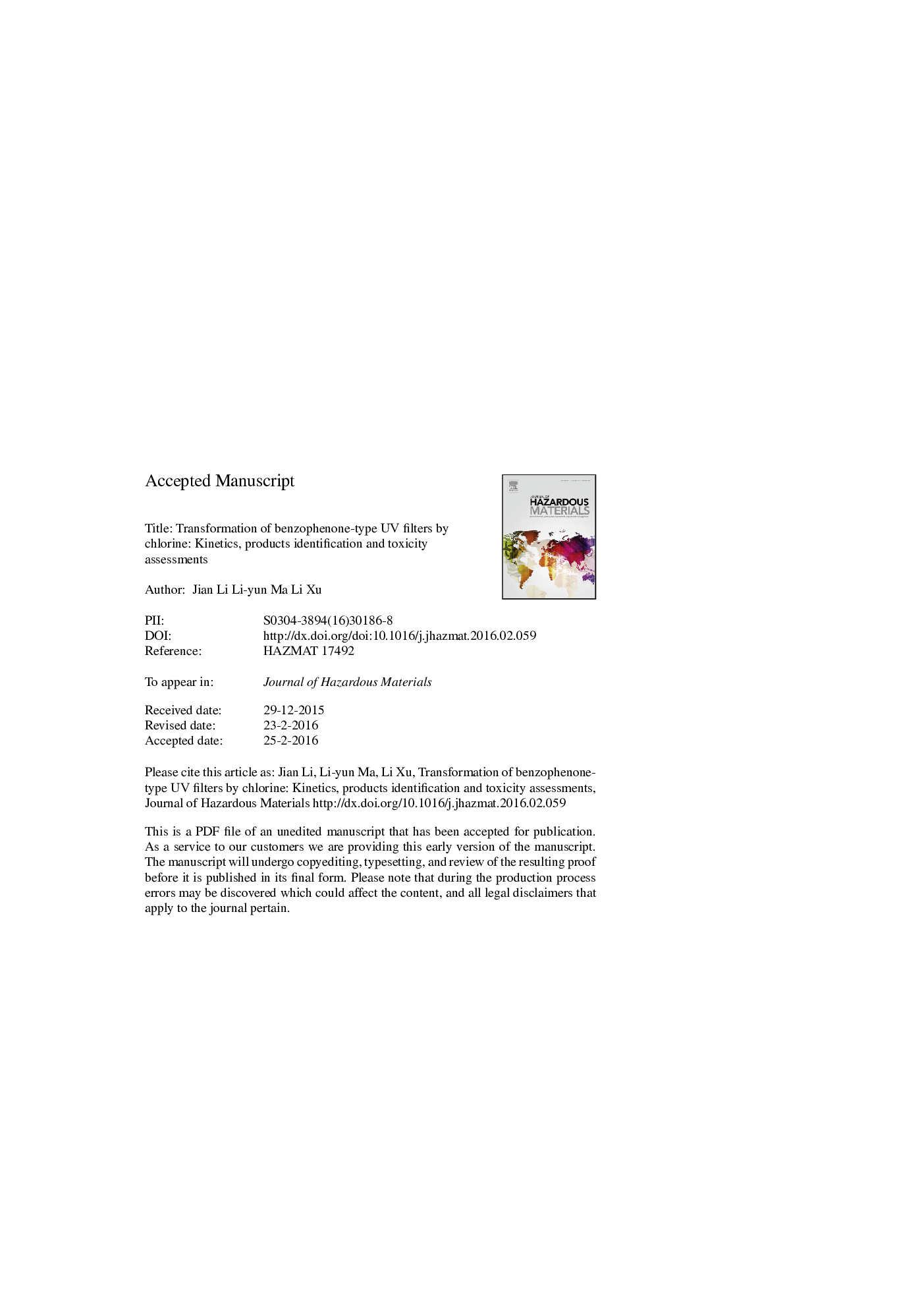 Transformation of benzophenone-type UV filters by chlorine: Kinetics, products identification and toxicity assessments