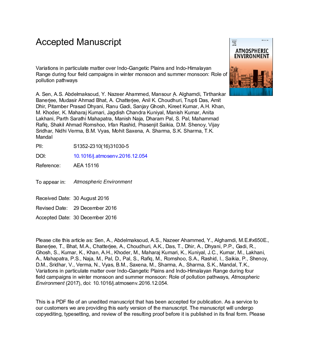 Variations in particulate matter over Indo-Gangetic Plains and Indo-Himalayan Range during four field campaigns in winter monsoon and summer monsoon: Role of pollution pathways