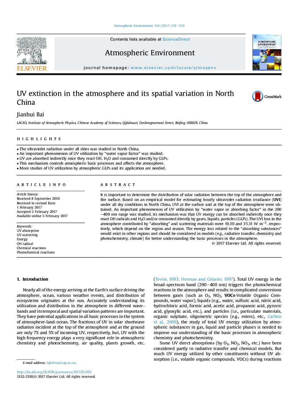 UV extinction in the atmosphere and its spatial variation in North China