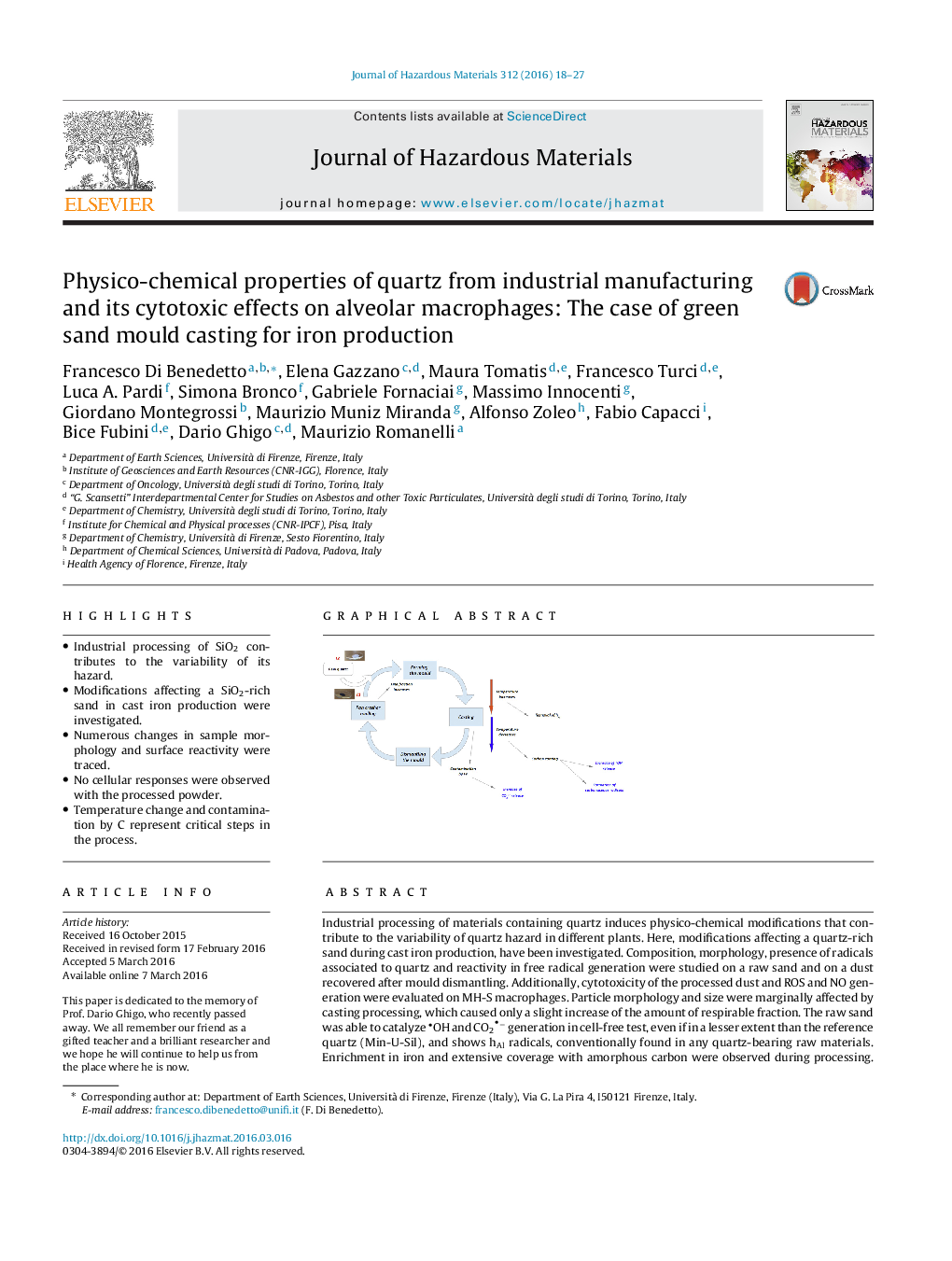 Physico-chemical properties of quartz from industrial manufacturing and its cytotoxic effects on alveolar macrophages: The case of green sand mould casting for iron production