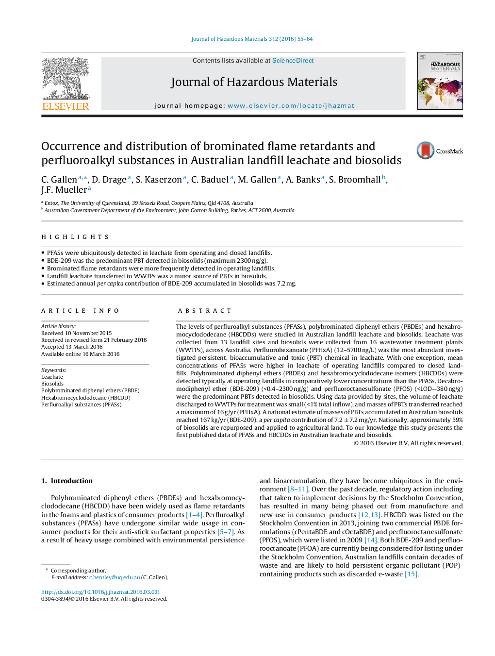 Occurrence and distribution of brominated flame retardants and perfluoroalkyl substances in Australian landfill leachate and biosolids