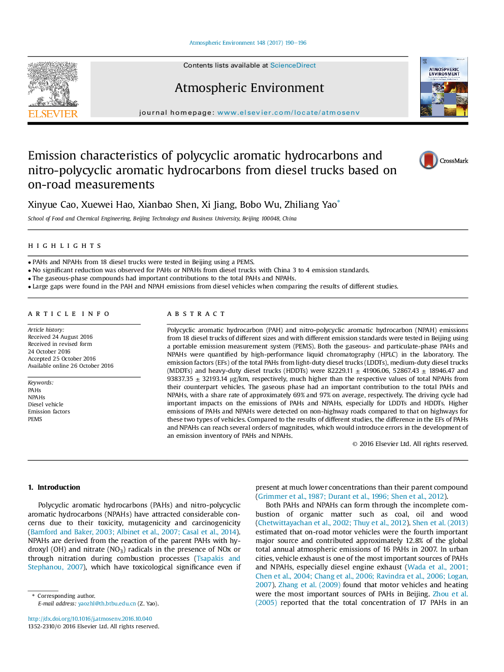 Emission characteristics of polycyclic aromatic hydrocarbons and nitro-polycyclic aromatic hydrocarbons from diesel trucks based on on-road measurements