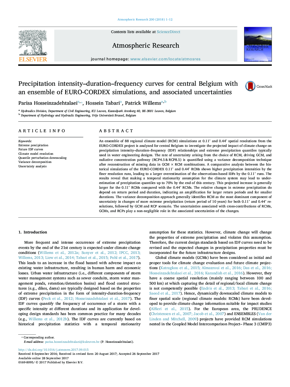 Precipitation intensity-duration-frequency curves for central Belgium with an ensemble of EURO-CORDEX simulations, and associated uncertainties