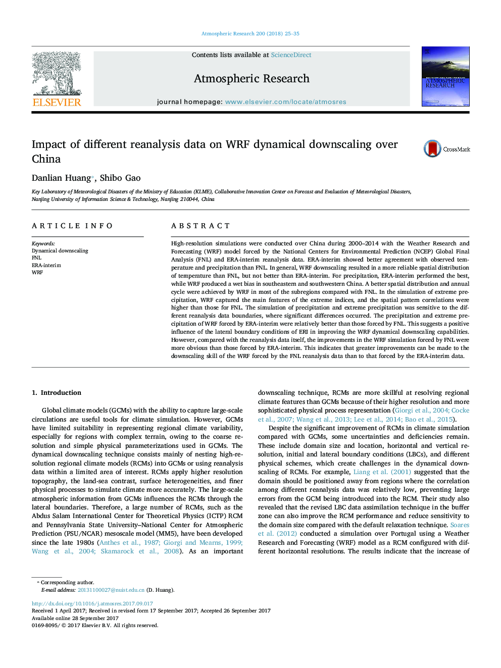 Impact of different reanalysis data on WRF dynamical downscaling over China