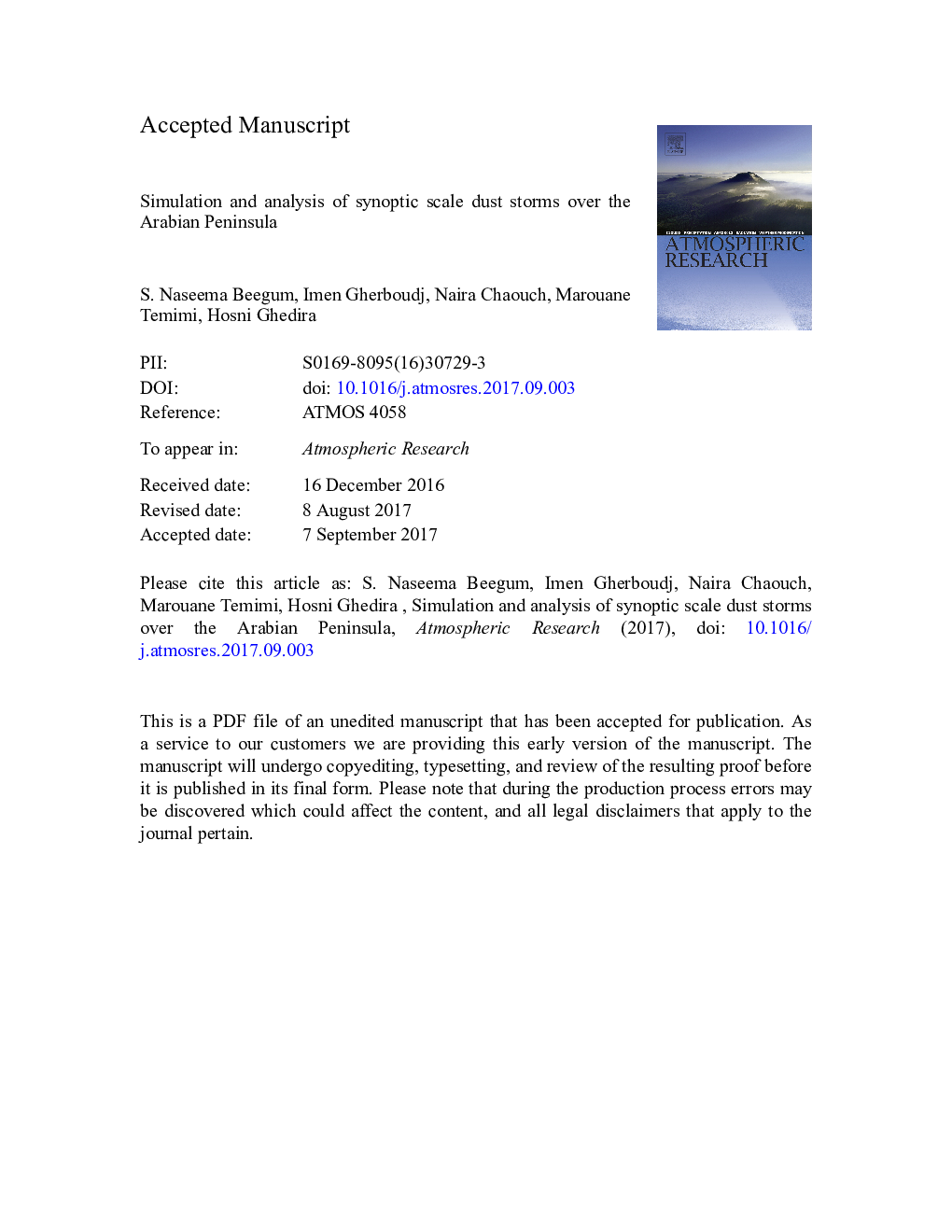 Simulation and analysis of synoptic scale dust storms over the Arabian Peninsula