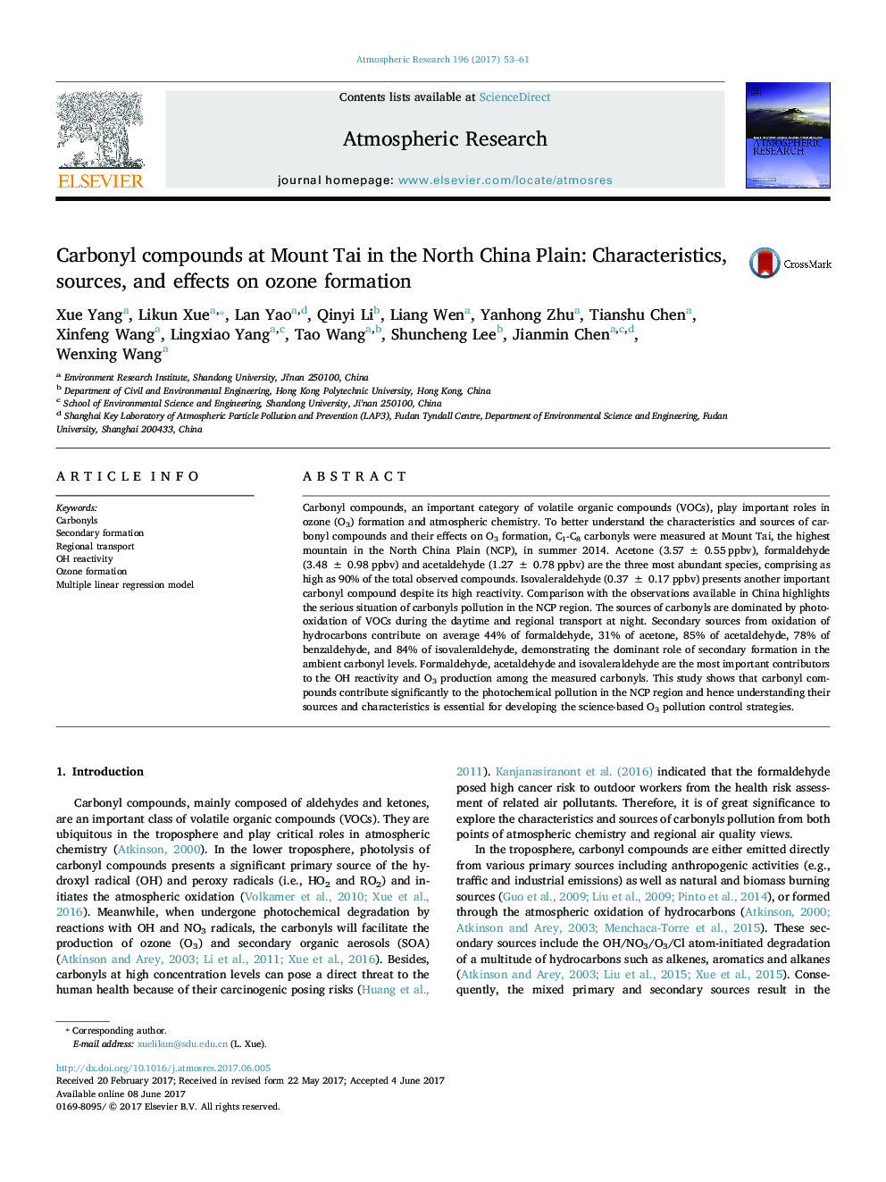 Carbonyl compounds at Mount Tai in the North China Plain: Characteristics, sources, and effects on ozone formation