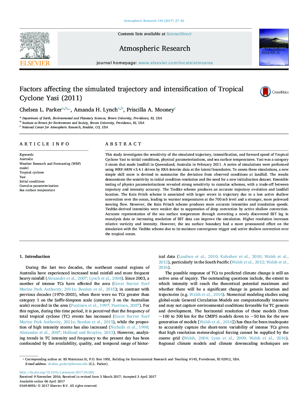 Factors affecting the simulated trajectory and intensification of Tropical Cyclone Yasi (2011)