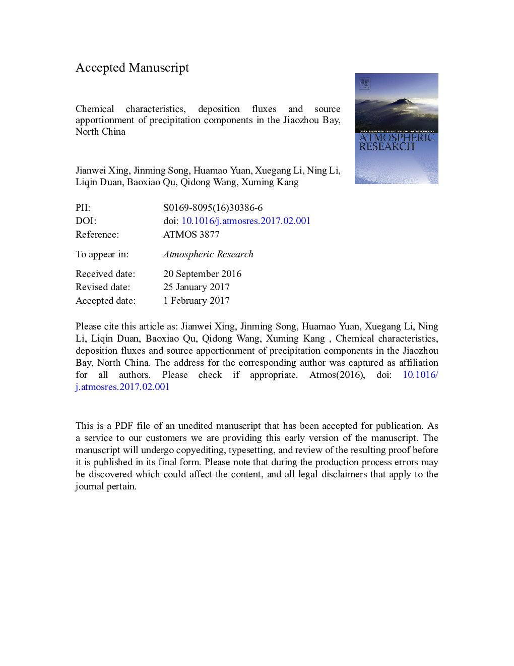 Chemical characteristics, deposition fluxes and source apportionment of precipitation components in the Jiaozhou Bay, North China