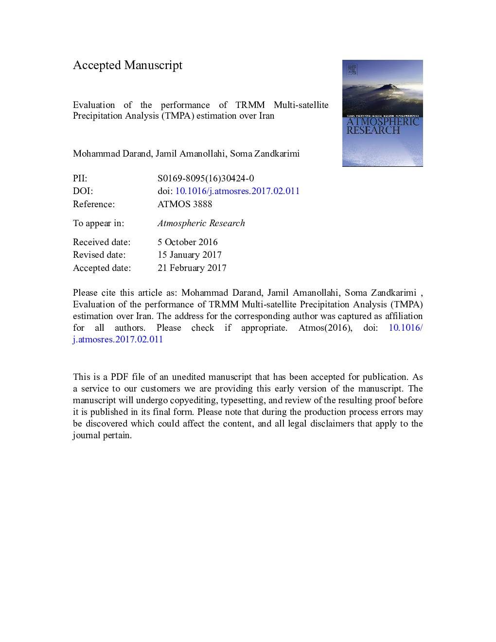 Evaluation of the performance of TRMM Multi-satellite Precipitation Analysis (TMPA) estimation over Iran