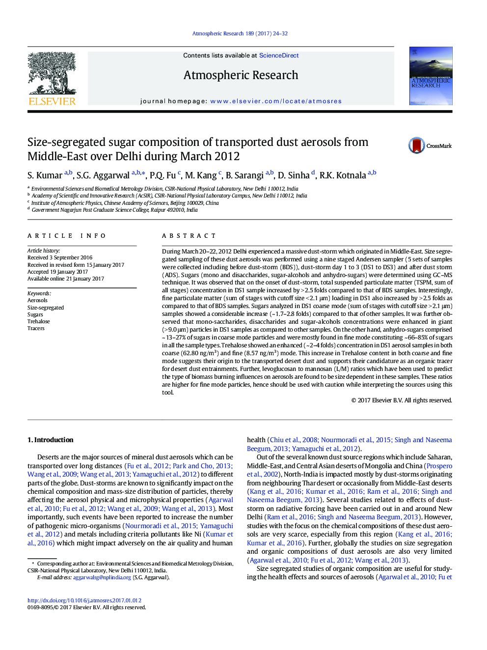 Size-segregated sugar composition of transported dust aerosols from Middle-East over Delhi during March 2012