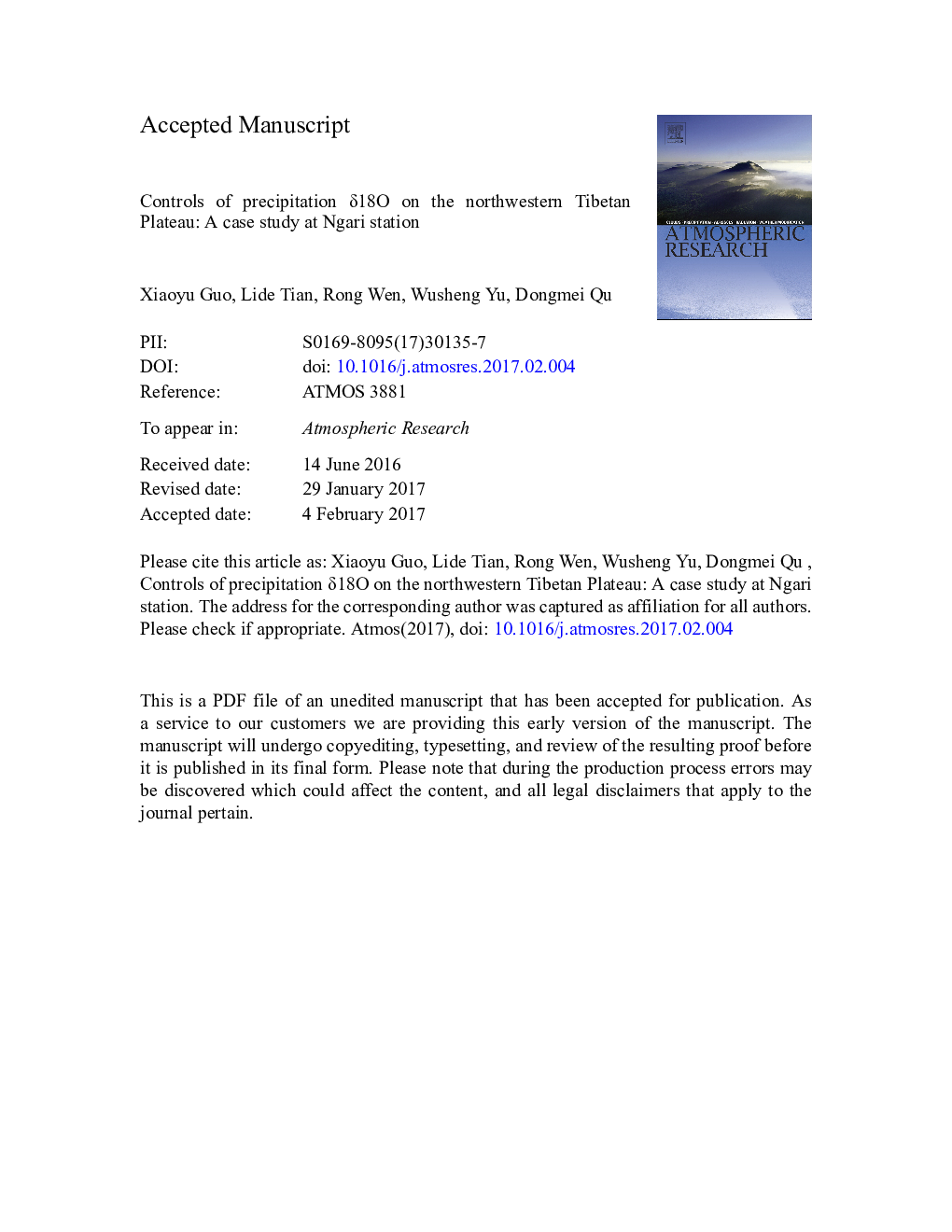 Controls of precipitation Î´18O on the northwestern Tibetan Plateau: A case study at Ngari station