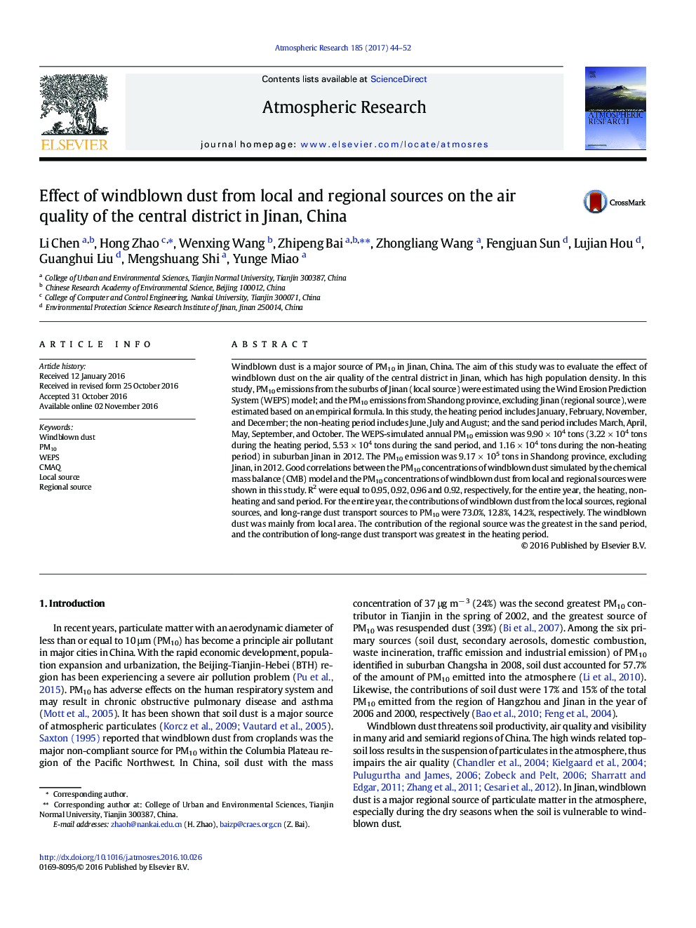 Effect of windblown dust from local and regional sources on the air quality of the central district in Jinan, China