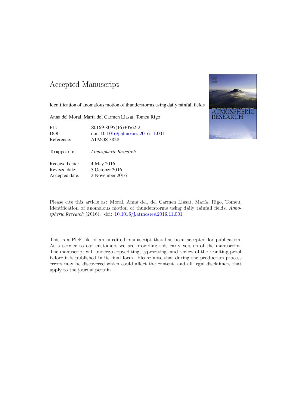 Identification of anomalous motion of thunderstorms using daily rainfallÂ fields