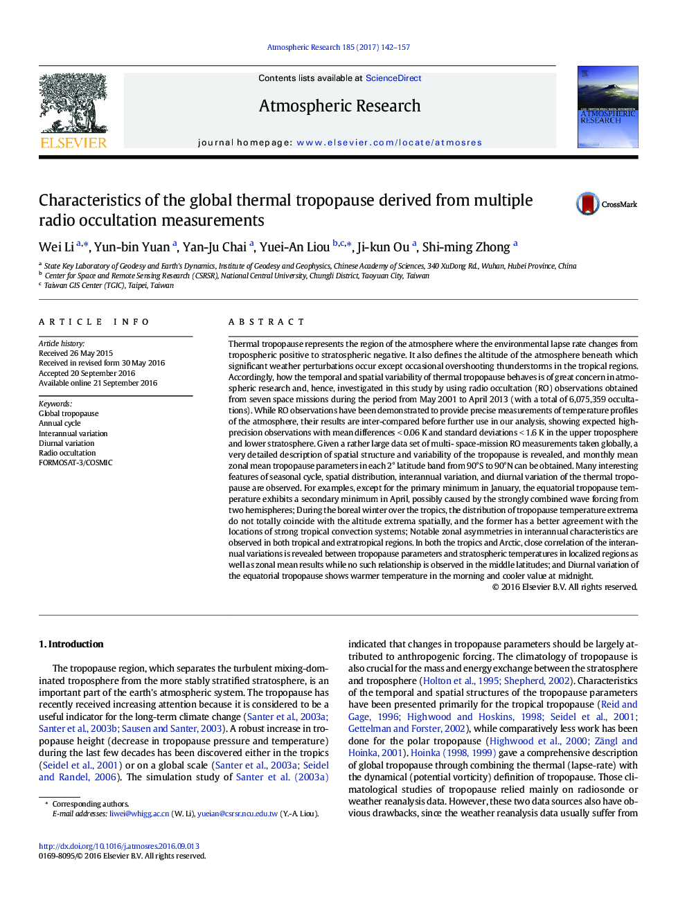 Characteristics of the global thermal tropopause derived from multiple radio occultation measurements