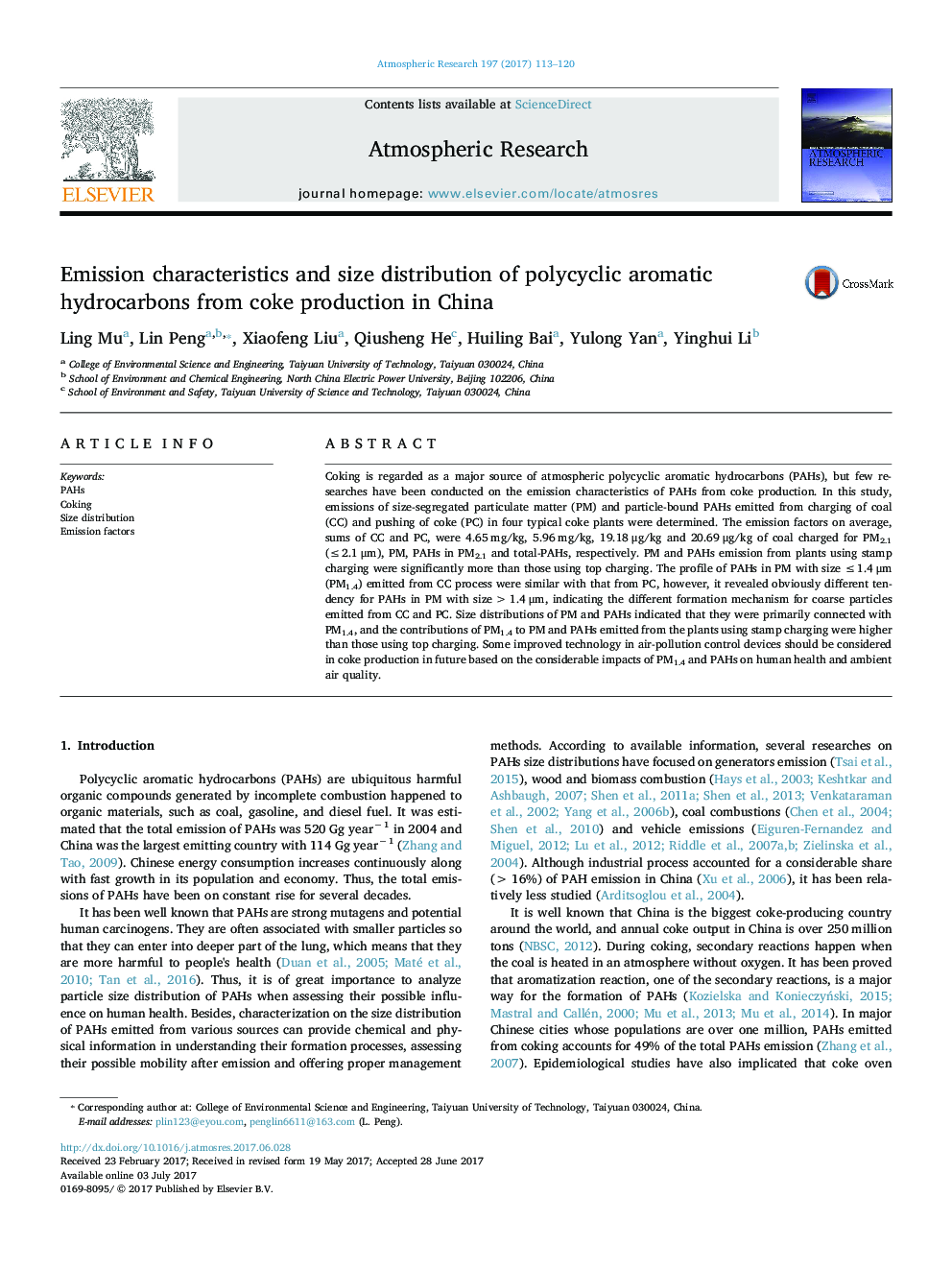 Emission characteristics and size distribution of polycyclic aromatic hydrocarbons from coke production in China