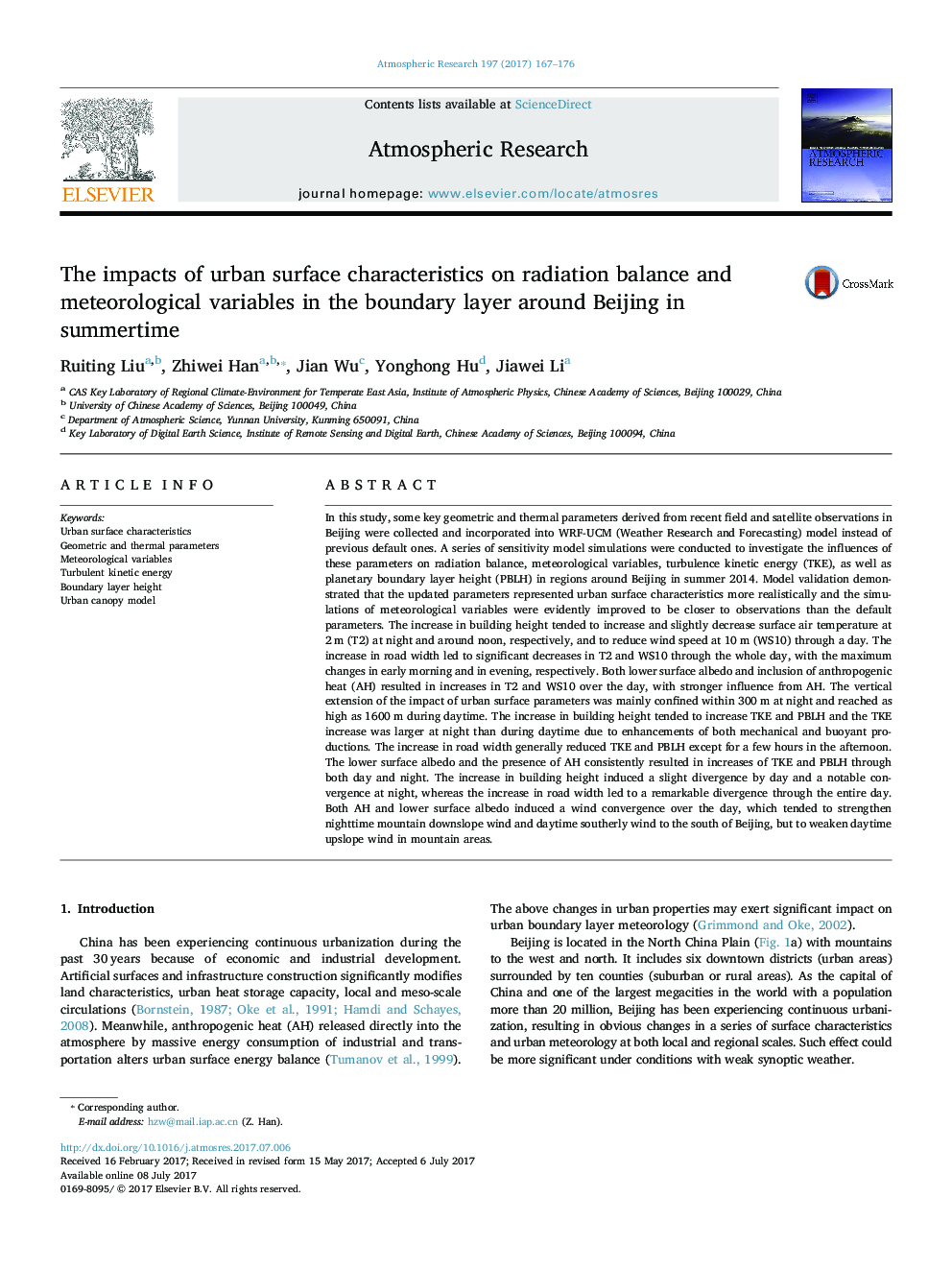 The impacts of urban surface characteristics on radiation balance and meteorological variables in the boundary layer around Beijing in summertime