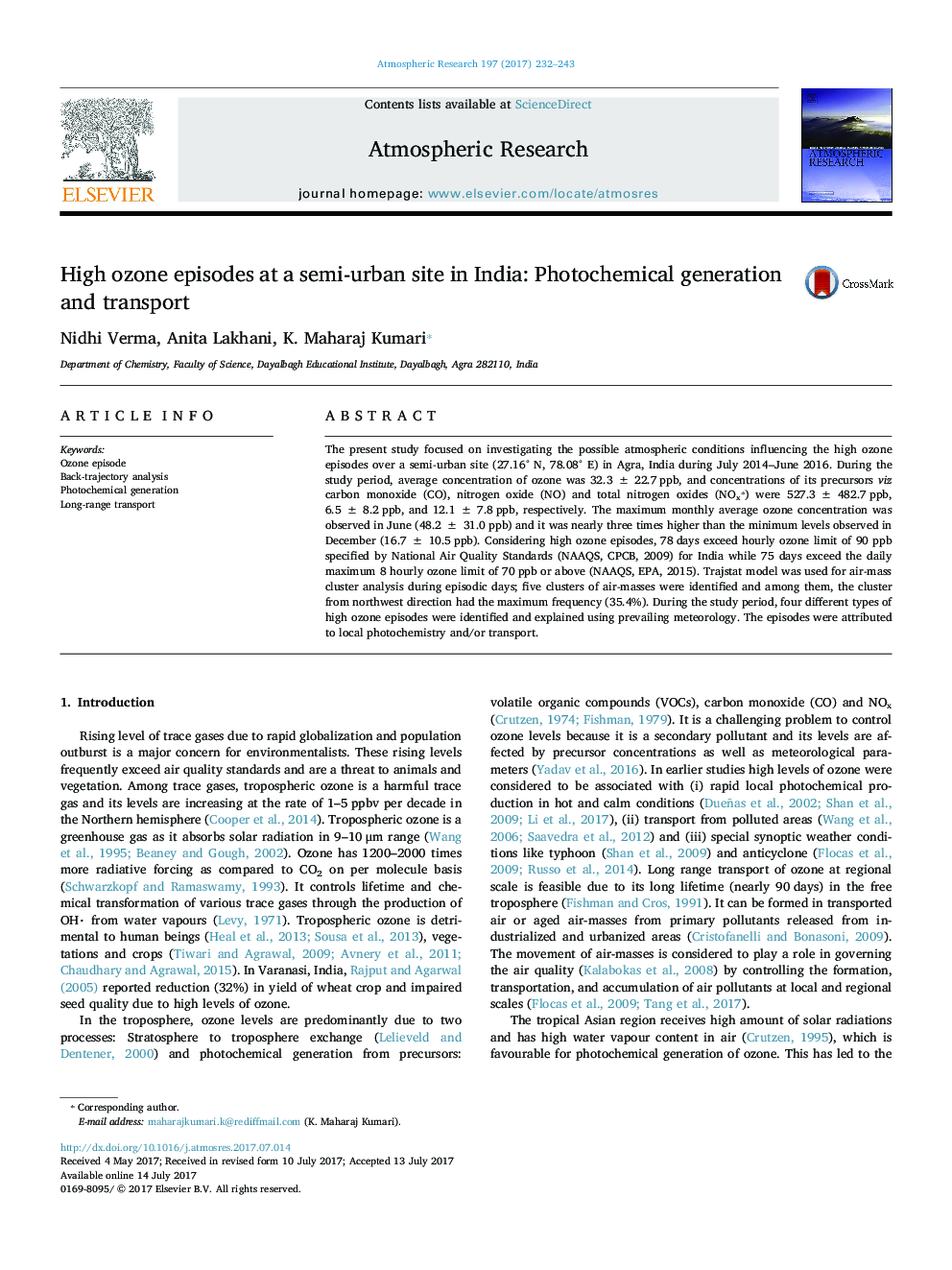 High ozone episodes at a semi-urban site in India: Photochemical generation and transport