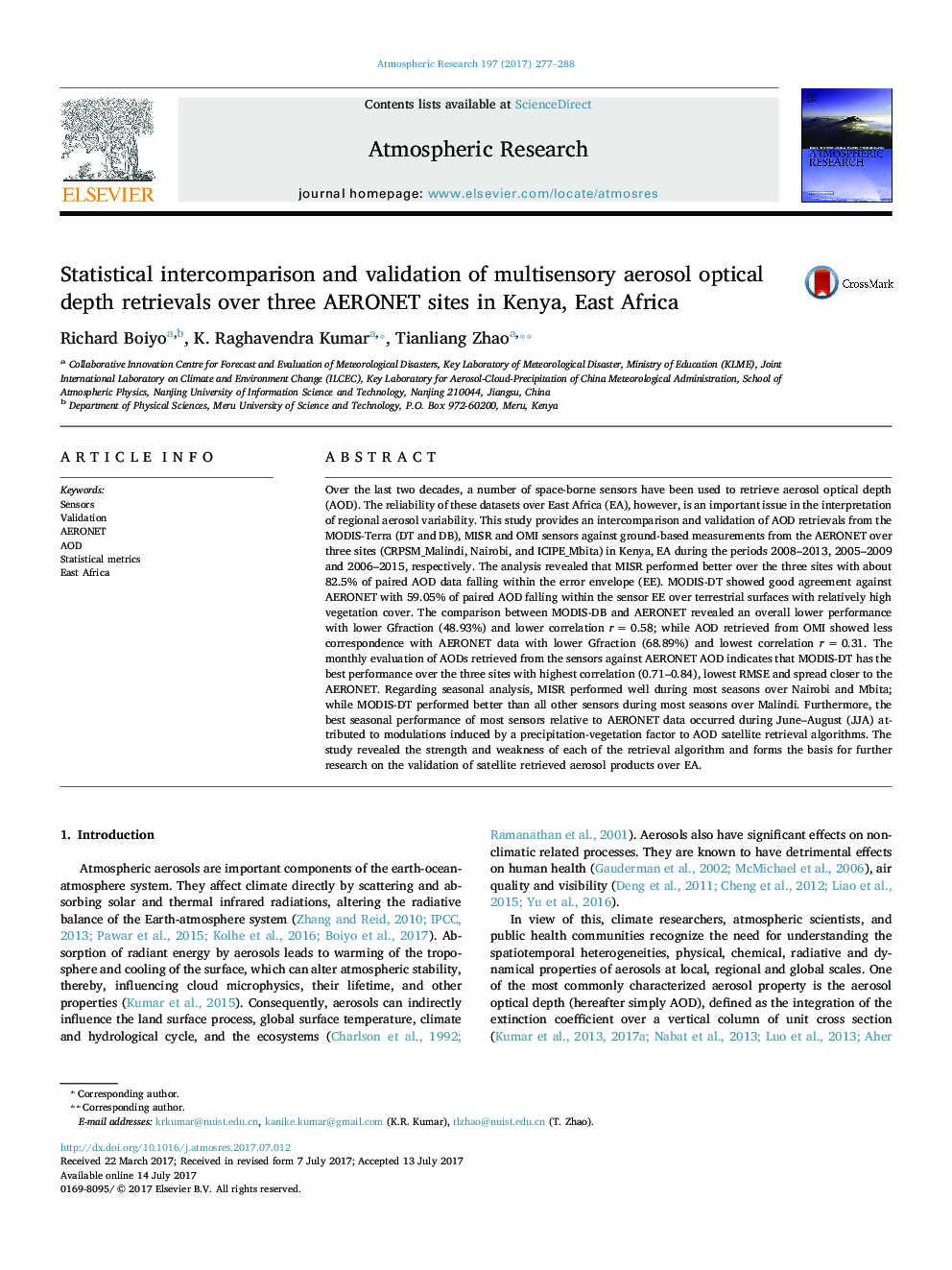 عکس صفحه اول مقاله: Statistical intercomparison and validation of multisensory aerosol optical depth retrievals over three AERONET sites in Kenya, East Africa Statistical intercomparison and validation of multisensory aerosol optical depth retrievals over three AERONET sites in Kenya, East Africa