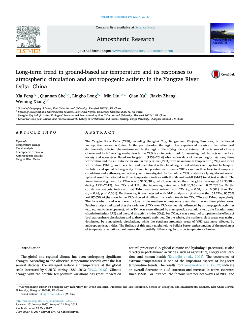 Long-term trend in ground-based air temperature and its responses to atmospheric circulation and anthropogenic activity in the Yangtze River Delta, China