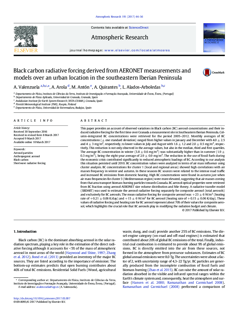 Black carbon radiative forcing derived from AERONET measurements and models over an urban location in the southeastern Iberian Peninsula