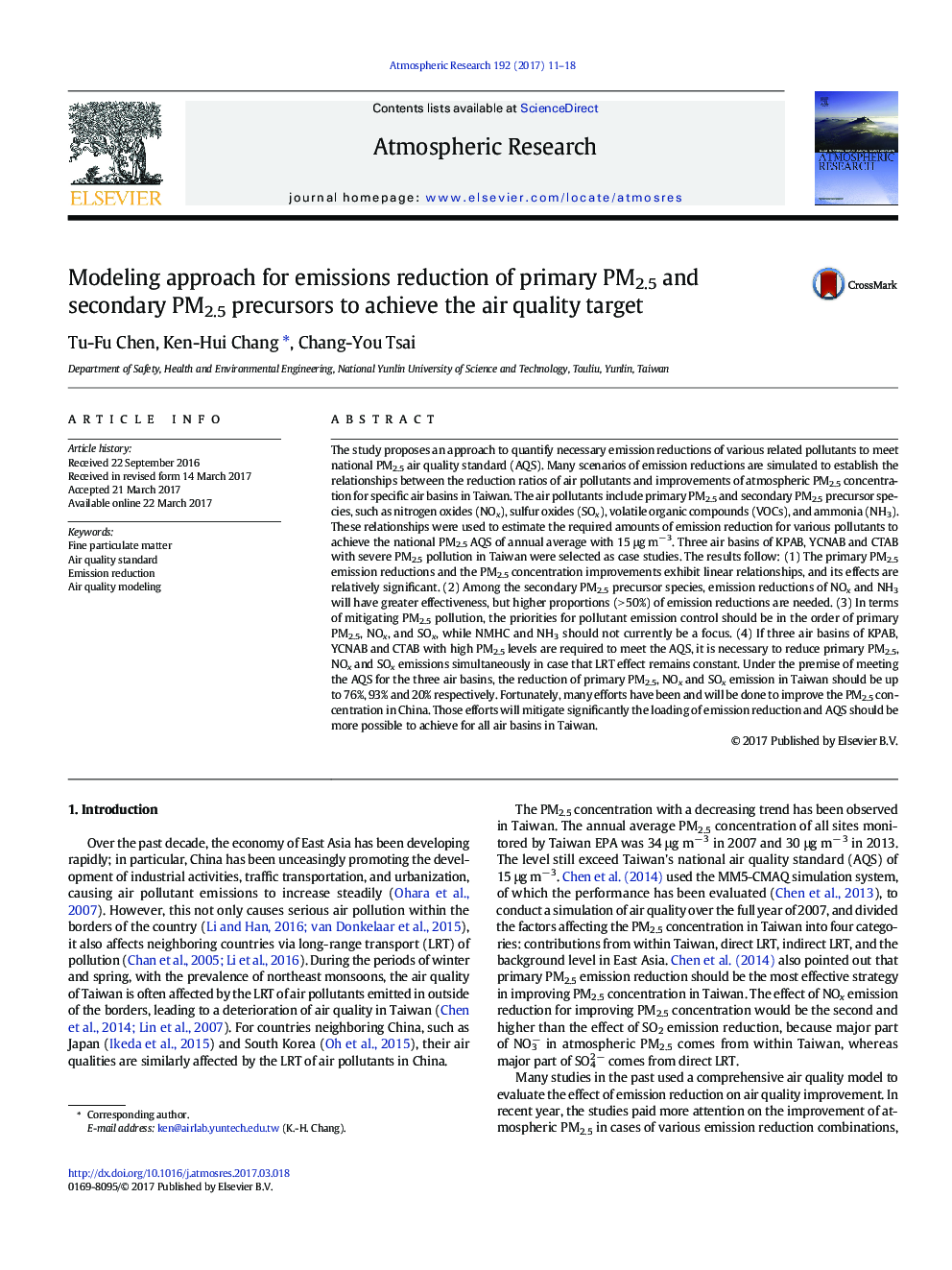 Modeling approach for emissions reduction of primary PM2.5 and secondary PM2.5 precursors to achieve the air quality target