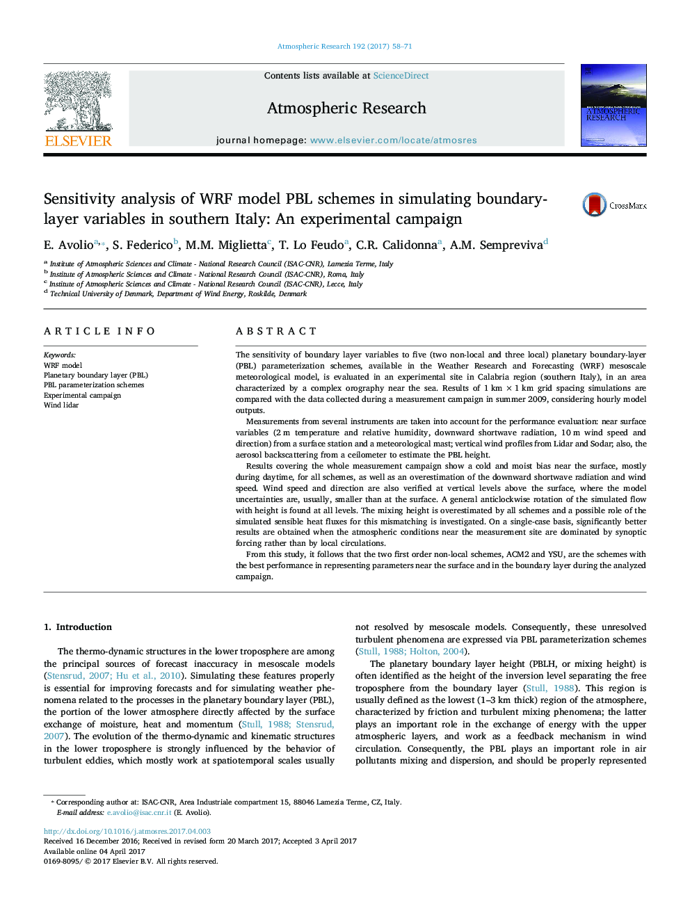 Sensitivity analysis of WRF model PBL schemes in simulating boundary-layer variables in southern Italy: An experimental campaign