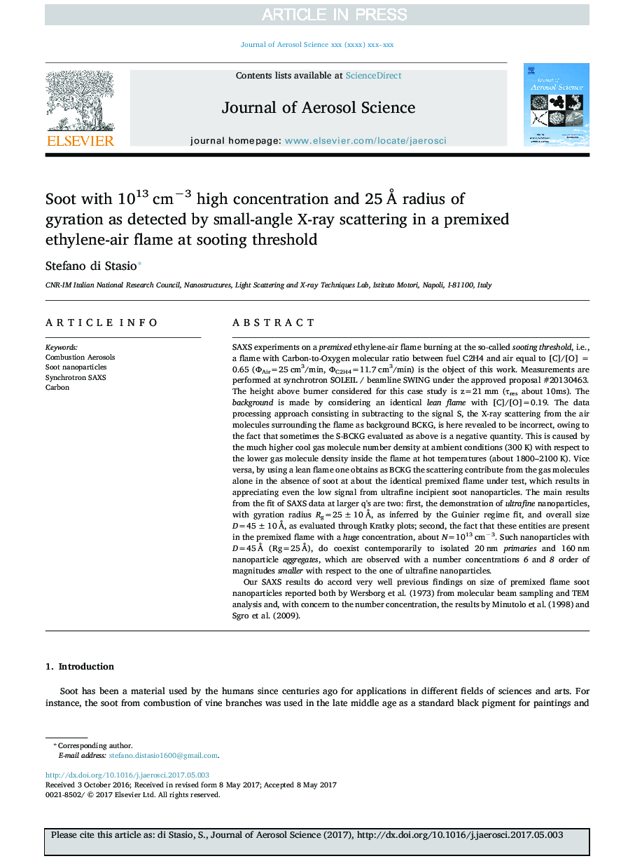 Soot with 1013Â cmâ3 high concentration and 25Â Ã radius of gyration as detected by small-angle X-ray scattering in a premixed ethylene-air flame at sooting threshold